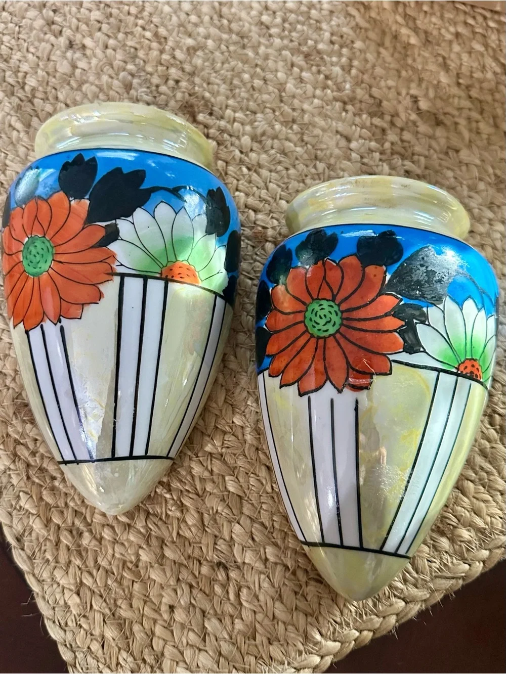Pair of Floral Japanese Wall Pockets in Blue, Orange and Cream
